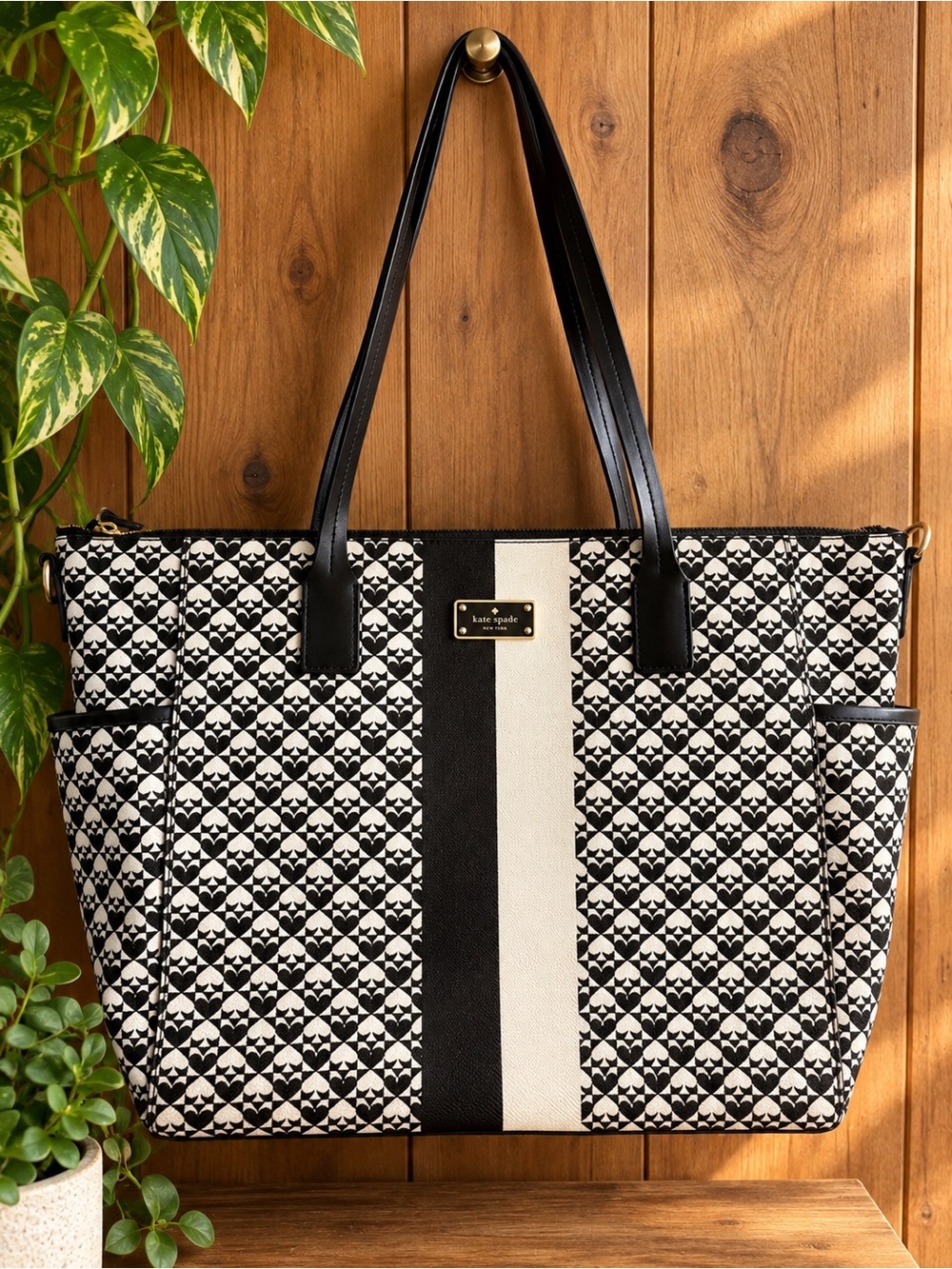 Kate Spade Black White Spade Print Tote Bag | Pink Interior